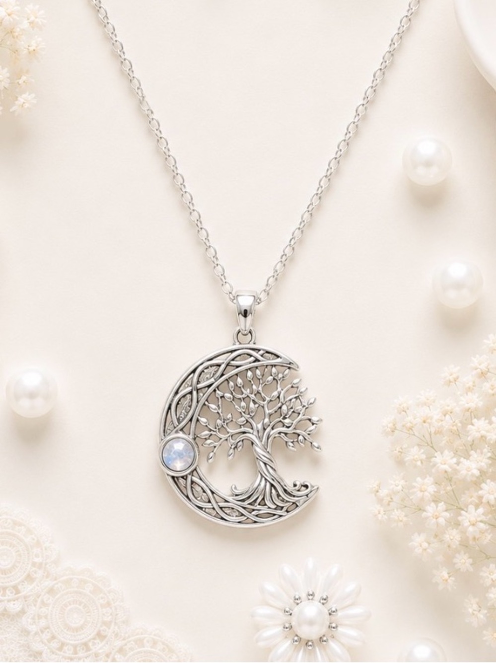 New-Silver Tree of Life Crescent Necklace with Opalescent Accent